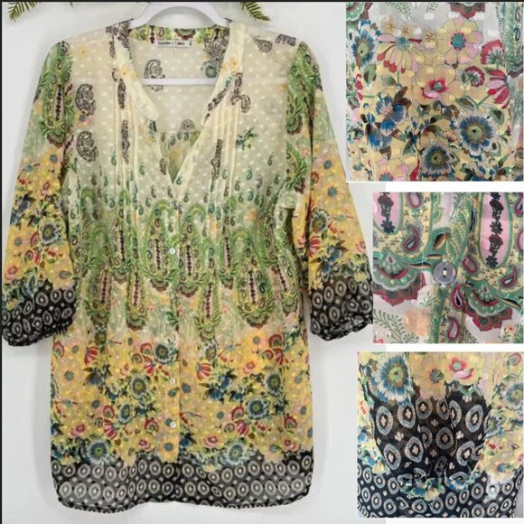 figueroa & flower Tops - Lightweight Floral Button-Down Tunic Shirt - Yellow Green